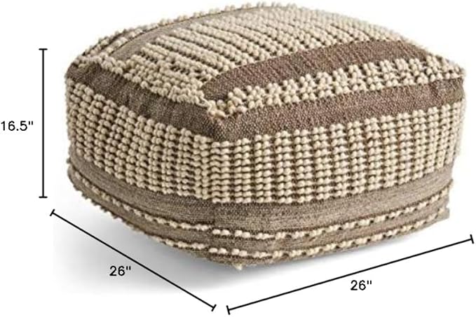 Foamma Pouf Ottoman Brown+Beige, 26"x26"x16.5" - Square Ottoman Foot Rest for Living Room and Bedroom, Pouf Footstool with Handcrafted Wool Cover, Foot Rest for Couch, Boho Furniture for Home