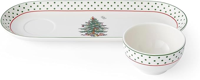 Spode Christmas Tree 2-Piece Polka Dot Chip and Dip Serving Set - 13-Inch Oval Plate with Dip Bowl - Festive Christmas Serveware, Durable Porcelain, Dishwasher, Microwave, Freezer Safe