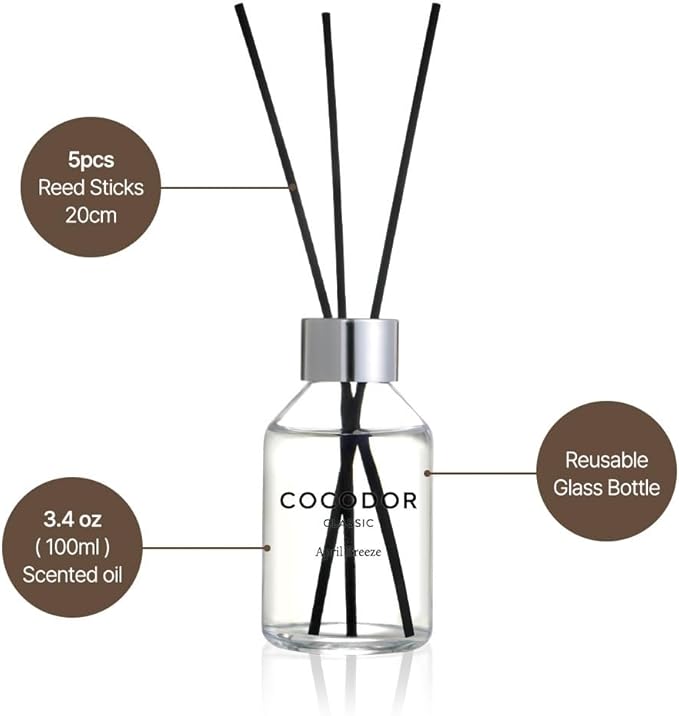 COCODOR Classic Reed Diffuser/White Jasmine/3.4oz(100ml)/1 Pack/Fragrance Scent Essential Oil with Stick Diffuser Set for Home Bathroom Shelf Décor