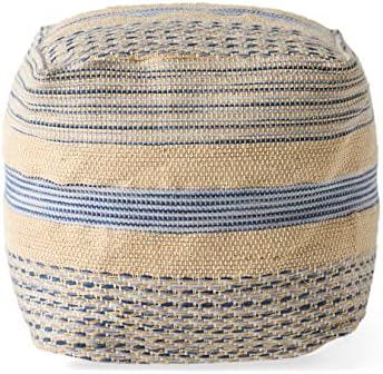 Foamma Pouf Ottoman Natural Blue, 16"x16"x16" - Square Ottoman Foot Rest for Living Room and Bedroom, Pouf Footstool with Handcrafted Wool Cover, Foot Rest for Couch, Boho Furniture for Home