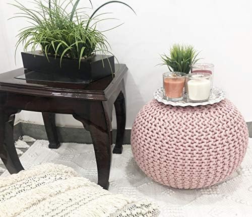 FRELISH DECOR Round Pouf Ottoman Hand Knitted 100% Cotton Pouf Foot Stool - Knitted Bean Bag - Floor Chair for Living Room Bedroom - Foot Rest for Couch (20 Diameter x 14 Height) - Cloud Pink