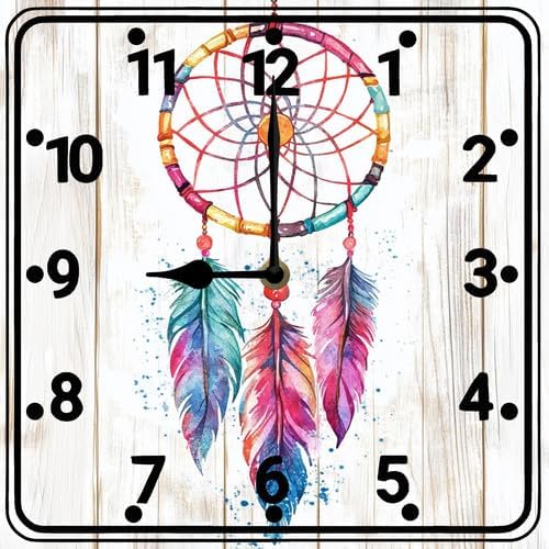FemiaD Dream Catcher Wall Clock 10inch Silent Non Ticking Battery Operated Square Clocks Farmhouse Round Wooden Art for Living Room Bedroom Bathroom Office