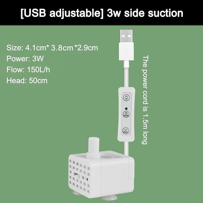 User Friendly USB Water Pump for Household Pets and Rockery Fountains and Easy to Clean (Side Suction)