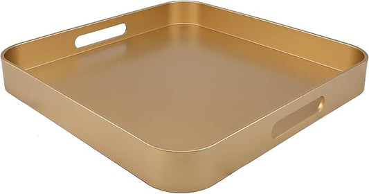 Gold Square Decorative Tray with Handles, 13"*13" Versatile Serving Tray for Coffee Table, Ottoman, Ideal for Serving, Displaying, Organizing