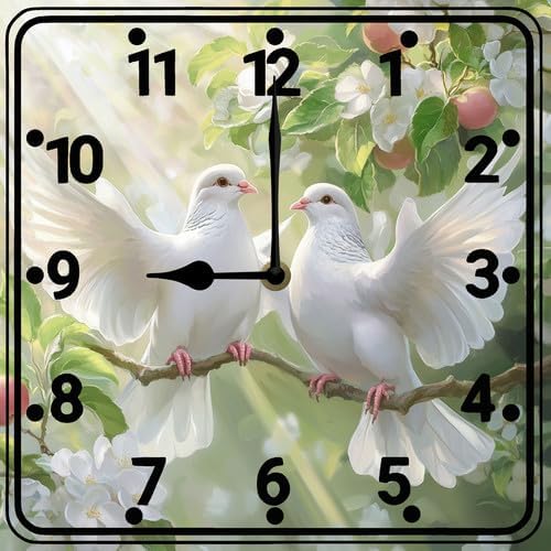 FemiaD Dove of Peace Wall Clock 10inch Silent Non Ticking Battery Operated Square Clocks Farmhouse Round Wooden Art for Living Room Bedroom Bathroom Office