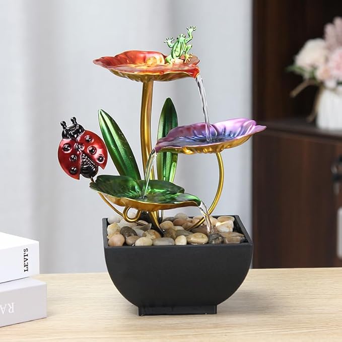 TiCin USB-Powered 3 Tier Tabletop Fountain, Metal Pedals with Insects, Natural River Rocks, and Reflective Lighting! for Home and Office Decor, Housewarming Sculpture