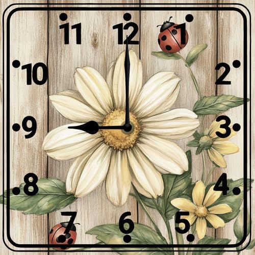 FemiaD Vintage Flower Wall Clock 10inch Silent Non Ticking Battery Operated Square Clocks Farmhouse Round Wooden Art for Living Room Bedroom Bathroom Office