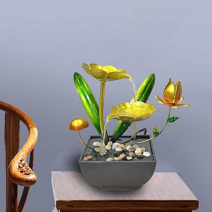 Water Fountain Indoor Waterfall Fountain Tabletop Fountain Lotus Desk Fountains mall Water Fountain Indoor Mini Waterfall Waterfall Iron Home Decor for Office Decoration (Golden C)