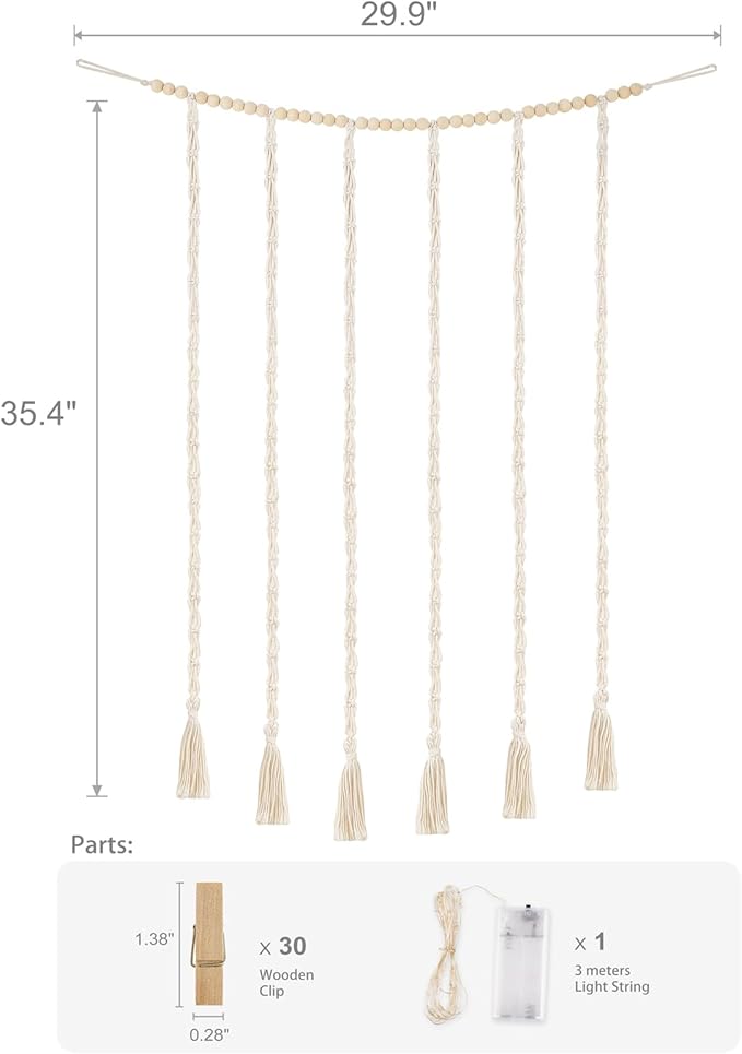 Mkono Macrame Hanging Photo Display Wall Decor with String Lights, Boho Wooden Beads Garland Collage Picture Card Frame Holder with 30 Clips for Bedroom Living Room Dorm, Teen Girls Christmas Gifts