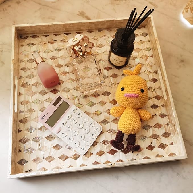 I-lan 18 Inch Mother of Pearl Square Serving Trays with Handles and 2”Wall, Large Brown Ottoman Tray with Rhombus Inlay Nacre, Decorative Lacquer Wooden Shell Tray for Food, Catering, Display,L