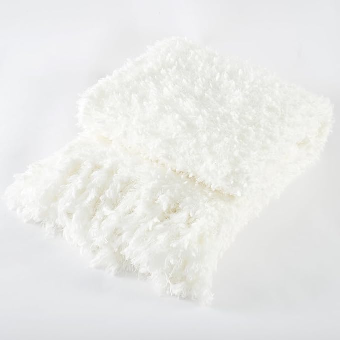 Winter Knit Throw Blanket Fluffy Fuzzy Soft Lightweight Cozy Farmhouse Tassels Chunky Knitted Throws for Couch Sofa Bed (White, 50"x60")