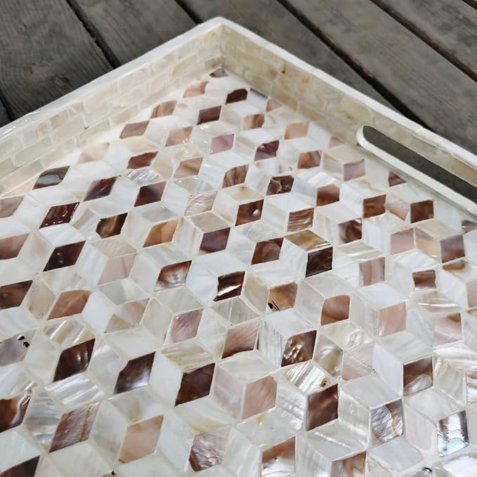 I-lan 12 Inch Mother of Pearl Square Serving Trays with Handles and 2”Wall, Large Brown Ottoman Tray with Rhombus Inlay Nacre, Decorative Lacquer Wooden Shell Tray for Food, Catering, Display, XS-12