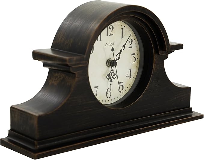 OCEST Vintage Farmhouse Mantel Clock - 13 x 7 Inch Quartz Gilt Finish Battery Operated, Contemporary Napoleon Classic Desk & Shelf Décor for Living Room Office Tabletop Bedside (Walnut Brown)