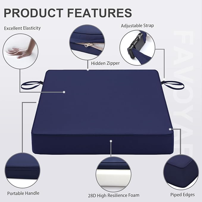 Favoyard Patio Chair Cushions 19 x 19 x 3 Inch Waterproof Outdoor Seat Cushions for Patio Furniture 3-Year Color Fastness Garden Sofa Couch Pads with Handle & Adjustable Straps Set of 2, Blue