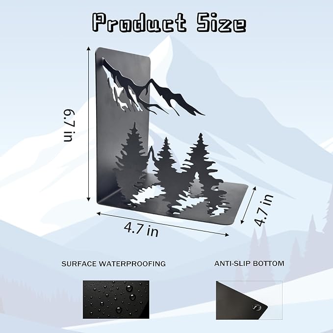 Matte Black Iron Heavy Duty Bookends - Laser-Engraved Mountain Design, Decorative Shelf Stoppers for Books, Space-Saving Desk Organizer (Modern, Rustic, Vintage Style)