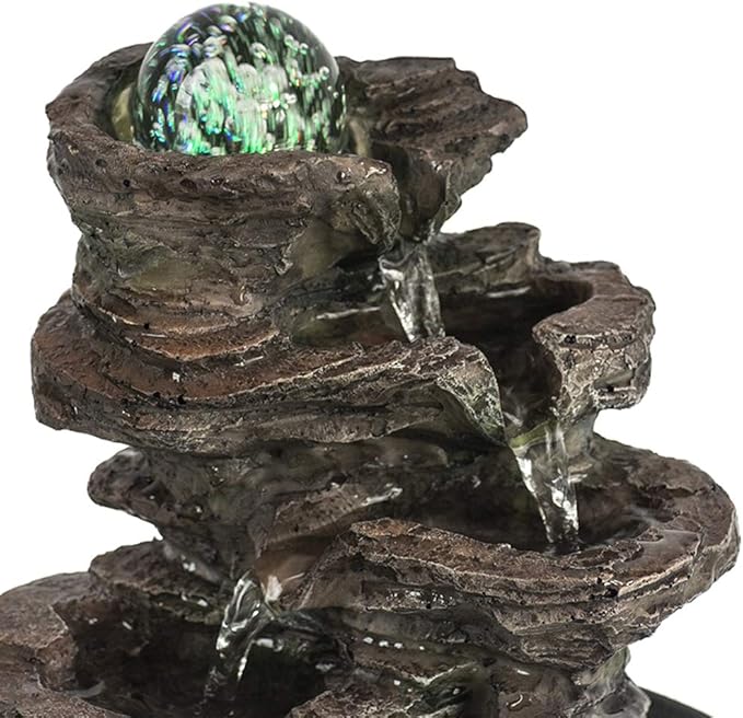 Ferrisland Tabletop Rock - Stacked Waterfall Fountain with LED - Lit Crystal Ball, Ideal for Office & Home Decor(Brown Gray)