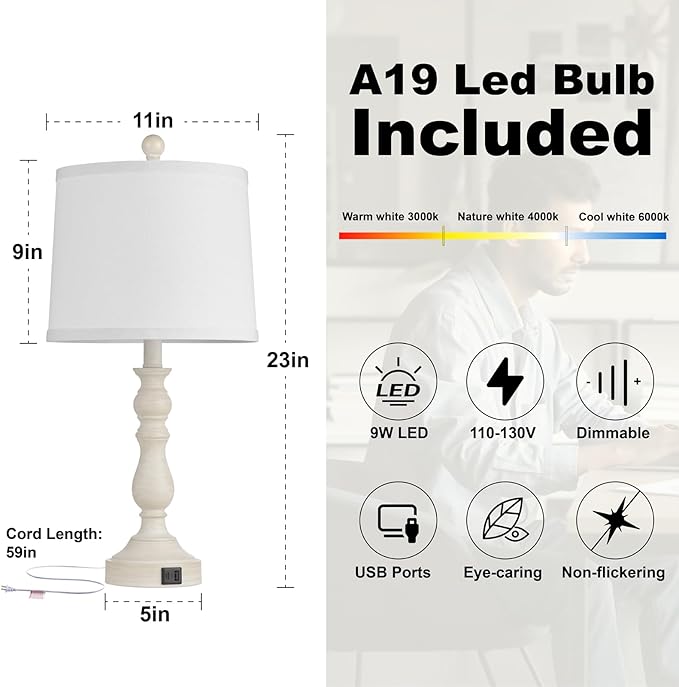 23'' Farmhouse Table Lamps for Living Room Set of 2 with USB C+A Ports, Retro Bedside Lamp for Bedroom, Office, Dining Room, Knob Switch, 3 Color Temperatures, Bulb Included, Beige