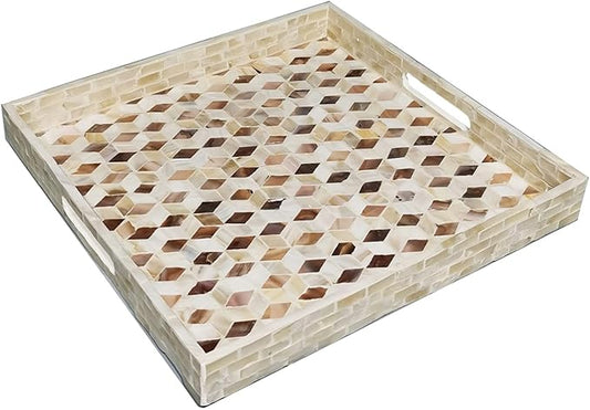 I-lan 12 Inch Mother of Pearl Square Serving Trays with Handles and 2”Wall, Large Brown Ottoman Tray with Rhombus Inlay Nacre, Decorative Lacquer Wooden Shell Tray for Food, Catering, Display, XS-12