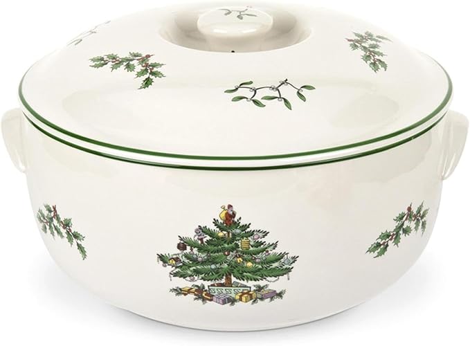 Spode Christmas Tree Round Covered Deep Casserole Dish (8.75" x 5") - Festive Holiday Serveware & Vintage Christmas Table Centerpiece - Fine Earthenware Classic Holiday Bakeware