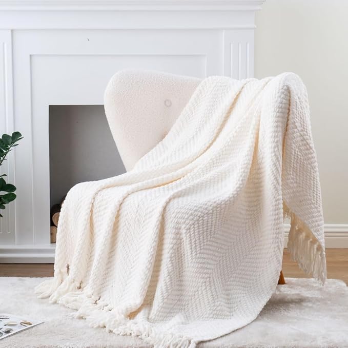 BATTILO HOME Cream Throw Blanket for Couch, Textured Knitted Throw Blanket with Tassels, Couch Cover Blanket Warm Decorative White Throw Blankets for Sofa Living Room, 60" x 80"