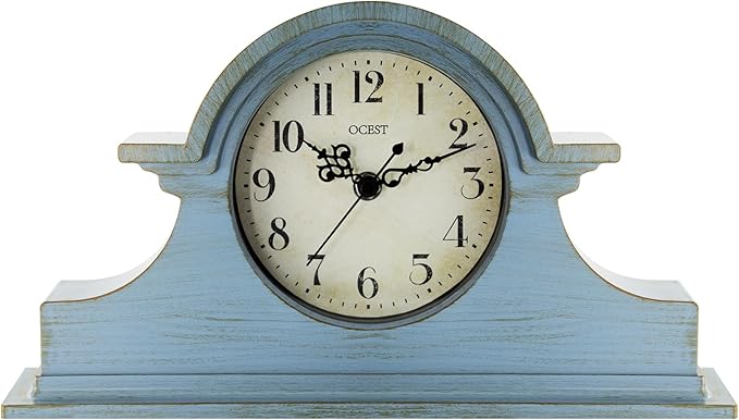 OCEST Vintage Farmhouse Mantel Clock - 13 x 7 Inch Quartz Gilt Finish Battery Operated, Contemporary Napoleon Classic Desk & Shelf Décor for Living Room Office Tabletop Bedside (Azure Blue)