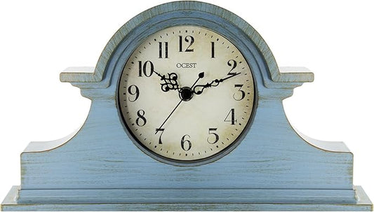 OCEST Vintage Farmhouse Mantel Clock - 13 x 7 Inch Quartz Gilt Finish Battery Operated, Contemporary Napoleon Classic Desk & Shelf Décor for Living Room Office Tabletop Bedside (Azure Blue)