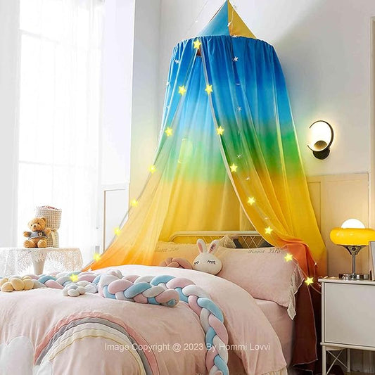 Rainbow Print Kids Bed Canopy, Girls Princess Canopy Dreamy Room Decor, Soft Hanging Reading Nook Play Tent Canopy, Extra Large Full Size with String Light