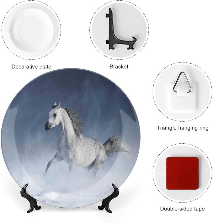 Ceramic Plates, Arabian Decorative Ceramic Plates, Arabian Horse Galloping During a Snowstorm Stallion, 7 Inch, Household Plates Decorative, Night Blue