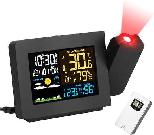 Projection Alarm Clock with Weather Station, Atomic Alarm Clocks for Bedrooms, Radio Control Clock with WWVB Function Dual Alarms Snooze Outdoor Wireless Temperature Humidity Sensor