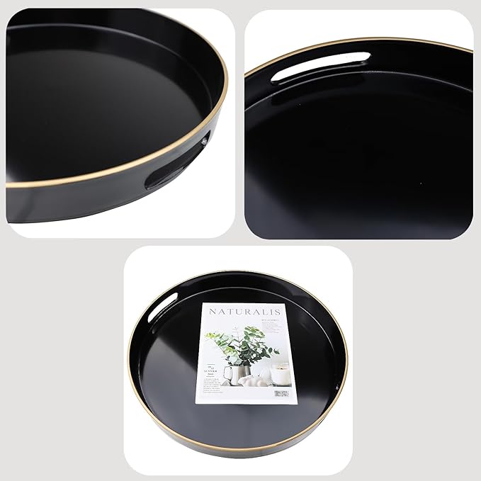 Black Round Decorative Tray with Handles, 13" Versatile Serving Tray for Coffee Table, Ottoman, Ideal for Serving, Displaying, Organizing