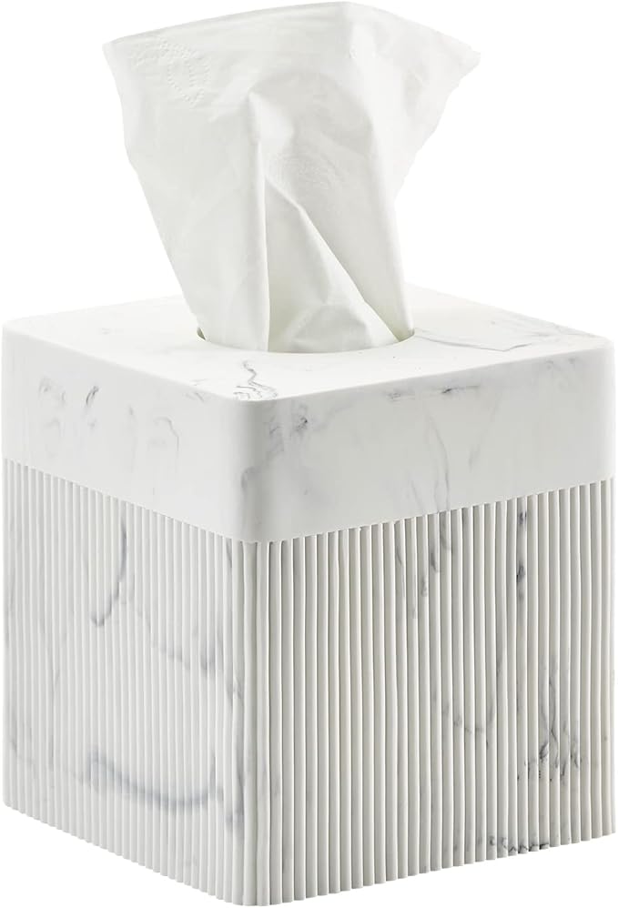 White Tissue Box Cover Square Resin Tissue Holder for Home Decor, Hand Poured Marble Ribbed Cube Tissue Box Holder – 5.5 Inch Heavy Duty Luxury Tissue Box Case for Bathroom, Living Room, Office