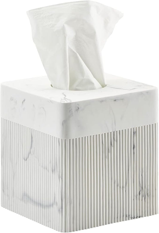 White Tissue Box Cover Square Resin Tissue Holder for Home Decor, Hand Poured Marble Ribbed Cube Tissue Box Holder – 5.5 Inch Heavy Duty Luxury Tissue Box Case for Bathroom, Living Room, Office