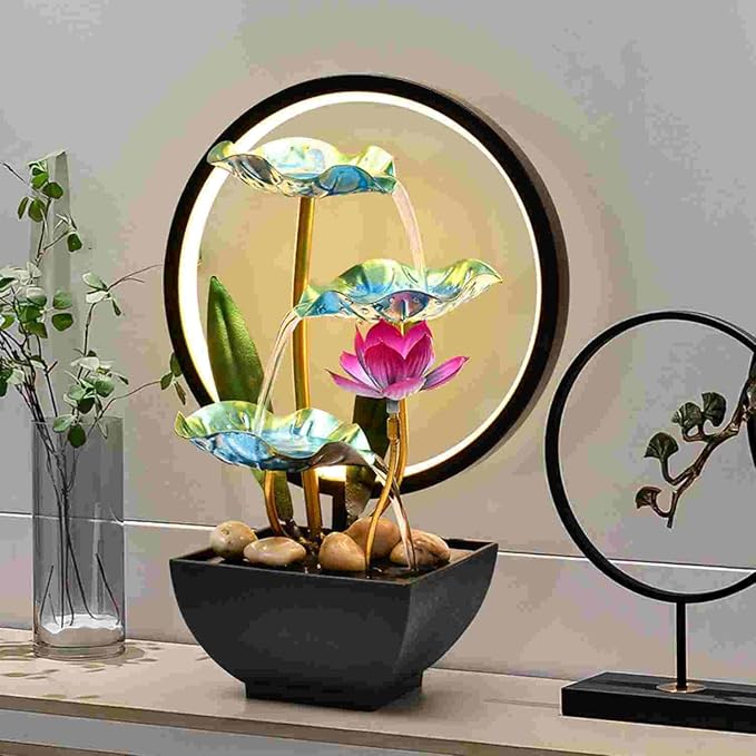 Indoor Tabletop Tiered Water Fountain 3 Level Tabletop Waterfall Meditation Fountain Includes Many Natural River Rocks LED Lights Relaxing Small Water Feature for Desk or Home Decor