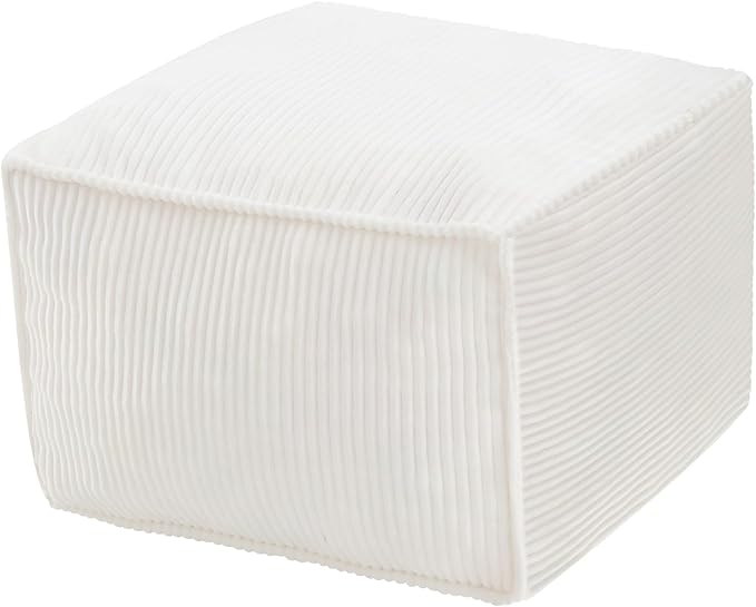 MeMoreCool Square Stuffed Pouf Ottoman Foot Rest, Corduroy Floor Pouf Foot Stool with Foam Chunk Filling, Soft Stuffed Ottoman Footrest for Living Room, Beige
