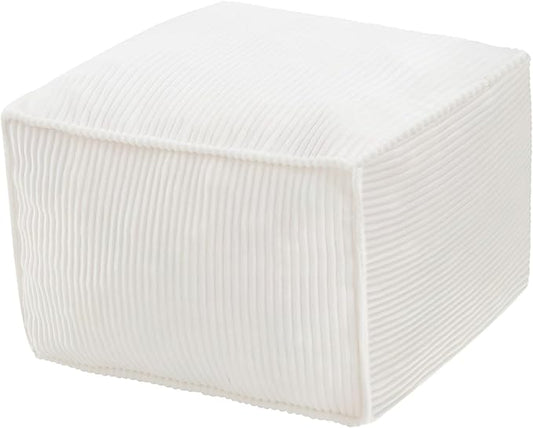 MeMoreCool Square Stuffed Pouf Ottoman Foot Rest, Corduroy Floor Pouf Foot Stool with Foam Chunk Filling, Soft Stuffed Ottoman Footrest for Living Room, Beige