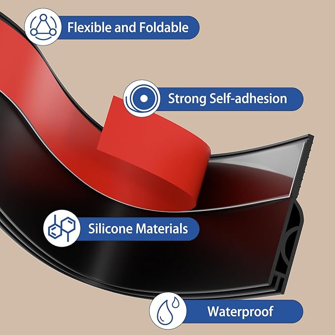 Under Door Draft Stopper, Self-Adhesive Door Sweep for Bottom of Door, Weather Stripping Doors Seal Soundproofing Insulation Strip, Doors Bottom Gap Blocker for Exterior/Interior (2M, Black)