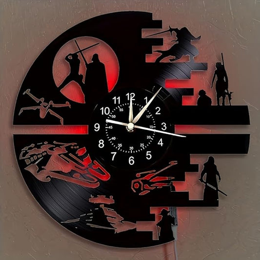 Decorative Vinyl Wall Clock with 12 Inches，Star Science Fiction Film Themed Clocks, Vinyl Records Wall Clock, LED Light Wall Decor, Unique Birthday Gifts for Men,Kids