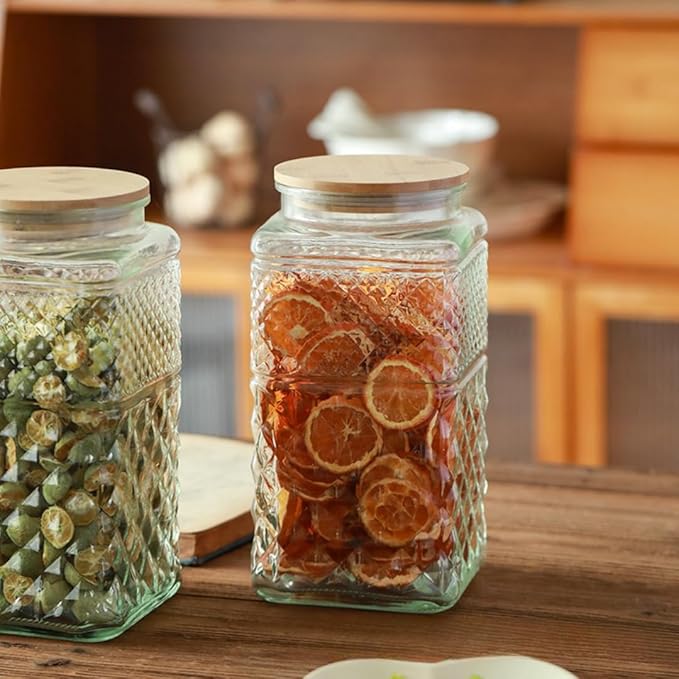 0.87 Gallon /111.5oz Glass Jar with Bamboo Lid, Large Cookie Jar, Glass Food Storage Container, Large Kitchen Canisters for Flour, Cereal, Coffee, Pasta and Canning, Square Mason Jars