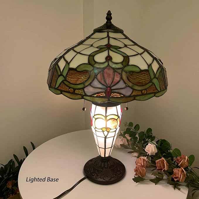 Bieye L10800 Baroque Tiffany Style Stained Glass Table Lamp with Lit Base for Bedside Living Room Bedroom, 14" W x 21" H