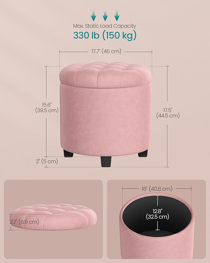 SONGMICS Round Ottoman, Ottoman with Storage, 17.7 x 17.7 x 17.5 Inches, Foot Rest with Legs, Velvet, Load up to 330 lb, for Living Room, Bedroom, Jelly Pink ULOM012R01