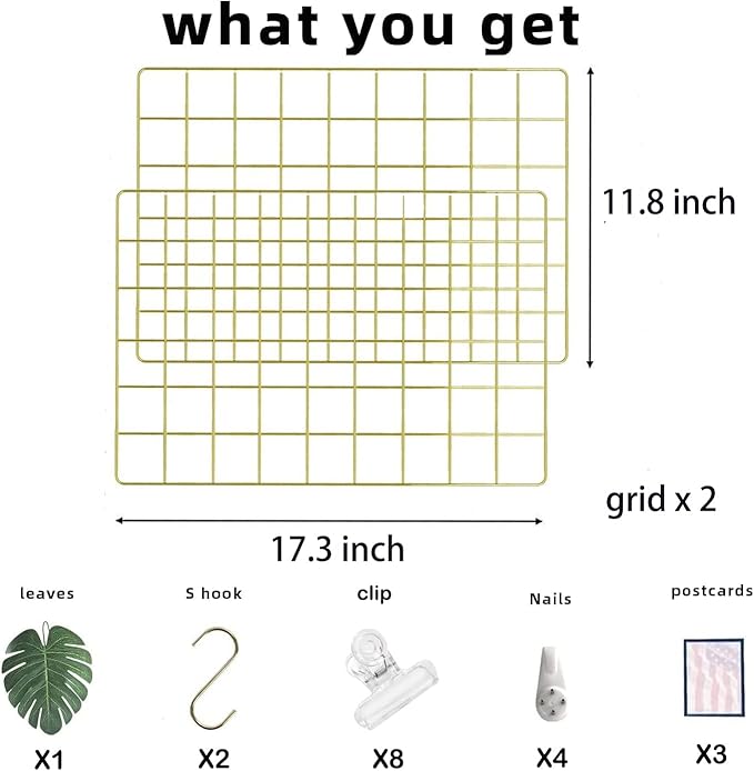 Grid Wire Board,for Memo Picture Panel Wall Decoration for Room Office Mat Photo Hanging Art Display Frames Desk Storage Organizer,17.3" x 11.8"(2Pack) (Gold)