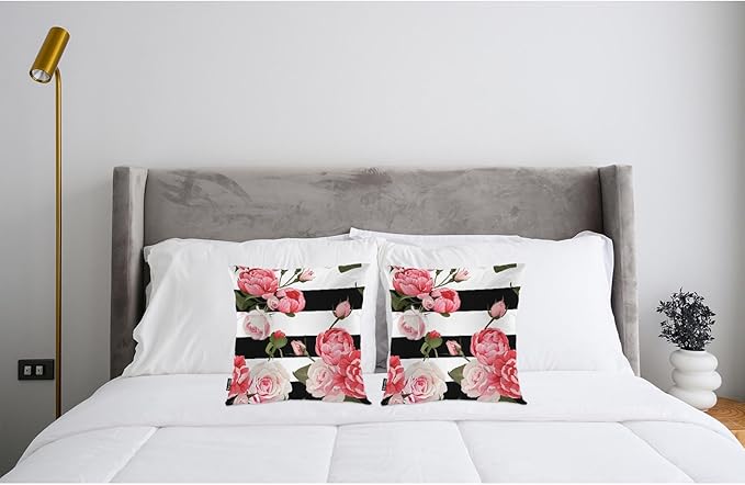 Swono Peony Roses Pillow Covers, Blossom Rose Peony Pink Decorative Pillow Case Home Sofa Cushion Set, Black White Stripes Pillow Cushion Cases for Bed/Patio/Garden/Balcony, 2-Pack, 18x18 Inch
