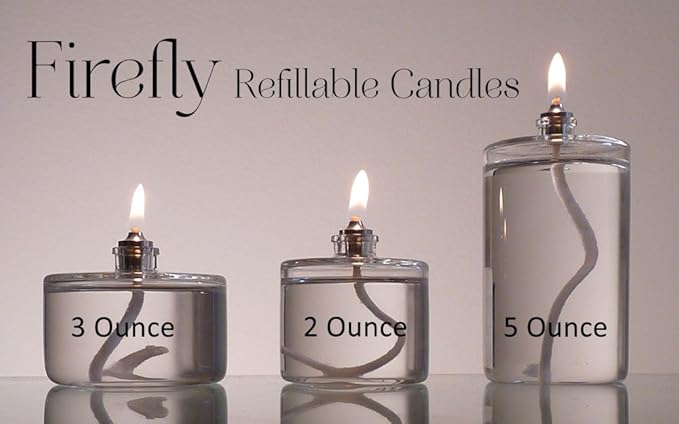 Firefly Fuels Refillable Glass Oil Candle - 2 oz Liquid Candle for Indoor Use, Outdoor Events, Emergency Lighting - Clean Burning with Wick and Holder Included. Use with Liquid Paraffin or Lamp Oil