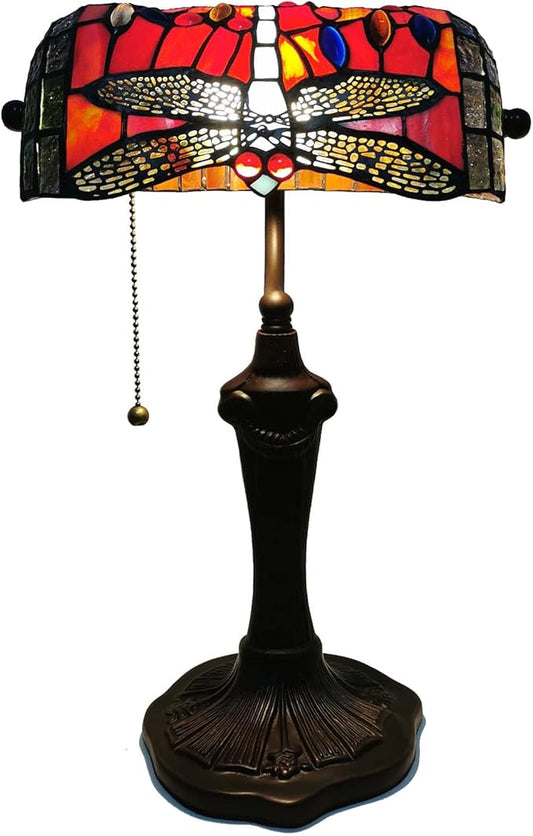 Bieye L10057 Dragonfly Tiffany Style Stained Glass Bankers Desk Lamp Table Lamp for Reading Working Home Decoration, 10" W x 16" H (Red)