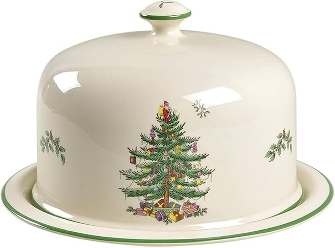 Spode Christmas Tree 2 Piece Serving Platter with Dome Set - Ceramic Holiday Serving Tray for Cakes, Desserts, Side Dishes - Microwave, Oven, Dishwasher Safe Christmas Serveware