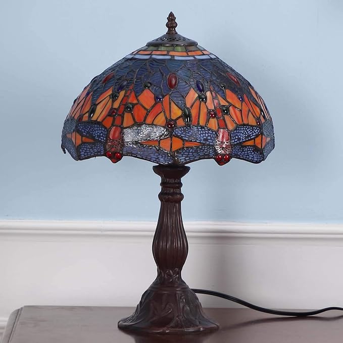 Bieye L10689 Dragonfly Tiffany Style Stained Glass Table Lamp with 12 Inch Wide 6 Dragonflies on Lampshade and Metal Base, Orange Blue, 12"W x 18"H