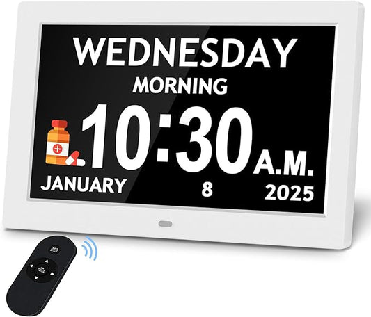 10.1'' Digital Clock, 1280*800p HD Extra Large Display, Dementia Clock For Seniors, 10 Reminders & 6 Alarms, Auto Dimming & DST, Remote Control, Digital Clock With Date, Time, Day Of Week, White
