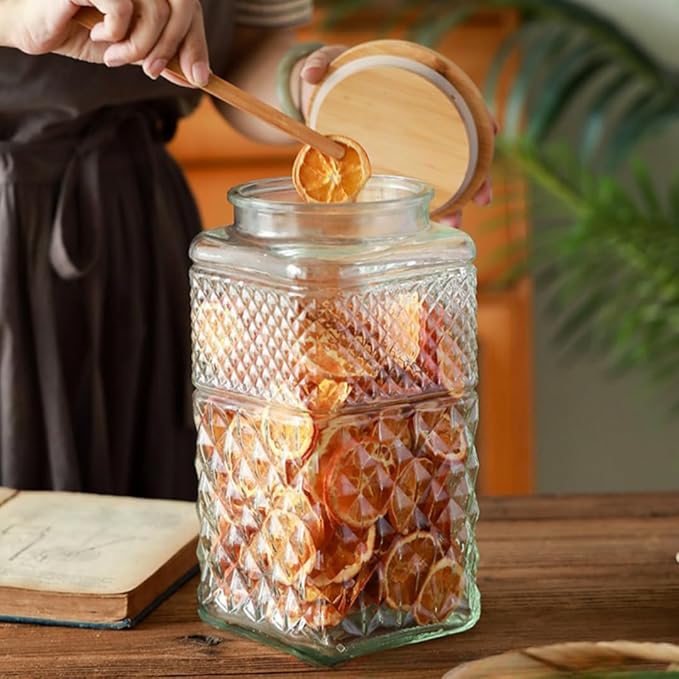 0.87 Gallon /111.5oz Glass Jar with Bamboo Lid, Large Cookie Jar, Glass Food Storage Container, Large Kitchen Canisters for Flour, Cereal, Coffee, Pasta and Canning, Square Mason Jars
