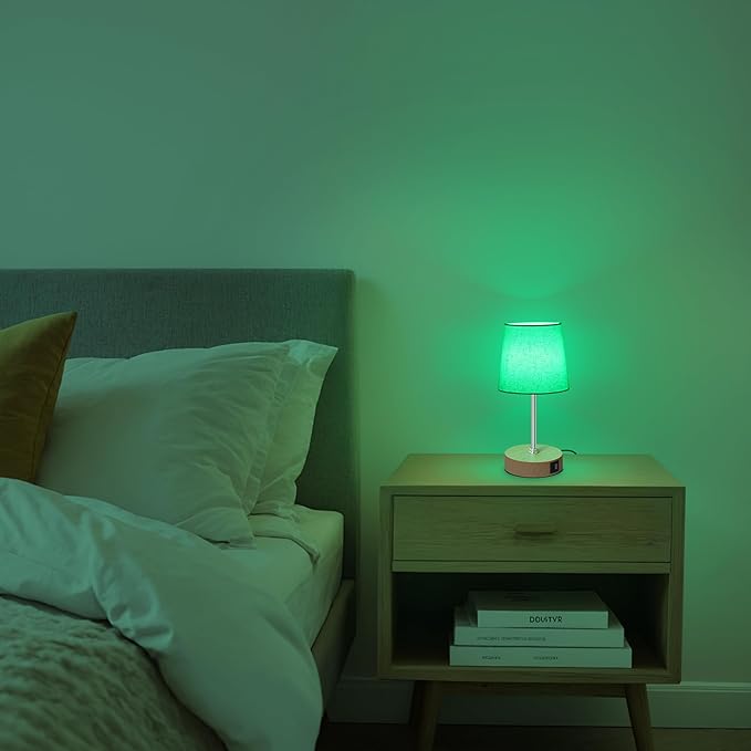 Ascher Small Bedside Table lamp Set of 2, RGB Color Changing Lamps, 3 Color Temperatures, Stepless Dimmable, Nightstand Lamp with USB C+A Ports for Bedroom Living Room, (Flaxen Shade, Wood Grain Base)