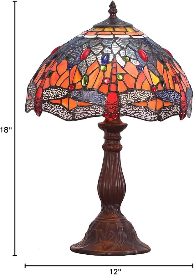 Bieye L10689 Dragonfly Tiffany Style Stained Glass Table Lamp with 12 Inch Wide 6 Dragonflies on Lampshade and Metal Base, Orange Blue, 12"W x 18"H